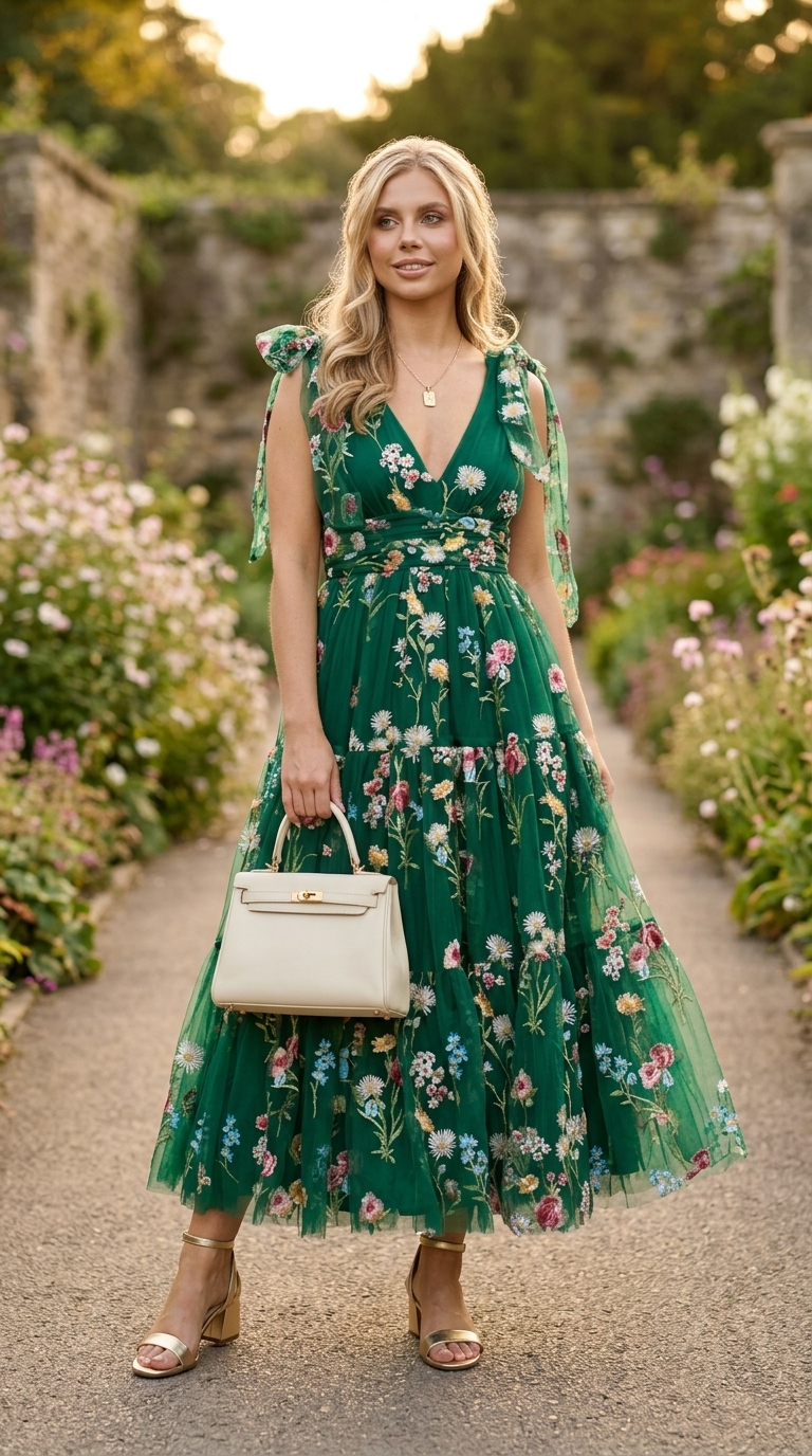 Elegant Dressy Summer Party Outfit 2026 Emerald green floral midi dress for a dressy summer party outfit for women 2026. Elegant for garden parties and weddings.