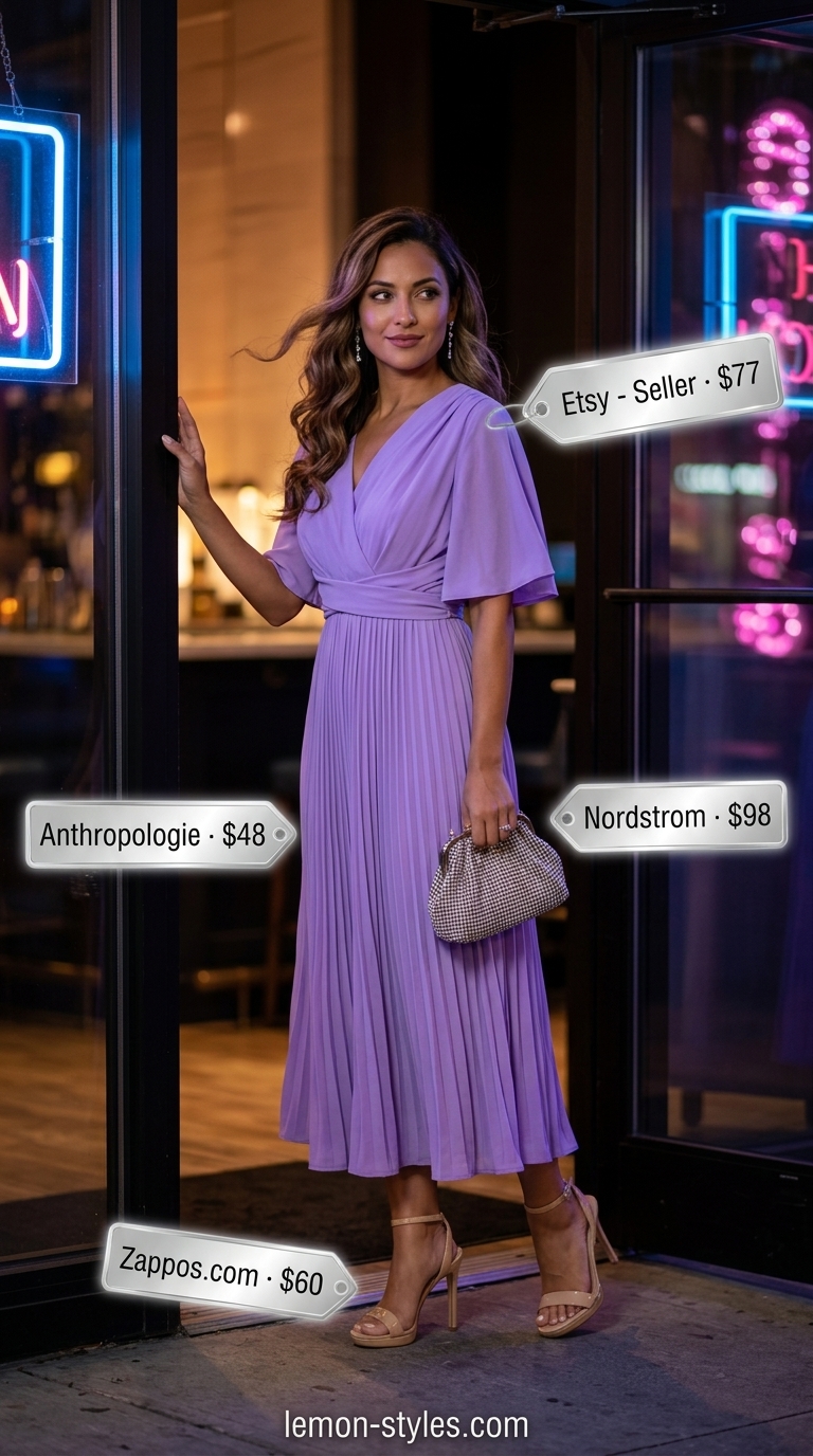 Ethereal Dressy Summer Party Outfit 2026 Lavender pleated chiffon dress for a dressy summer party outfit for women 2026. Ethereal for garden parties.