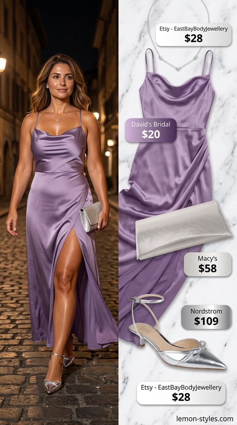 Romantic Lavender Dressy Summer Party Outfit 2026 Lavender silk charmeuse maxi dress with silver accessories for a dressy summer party outfit for women 2026.
