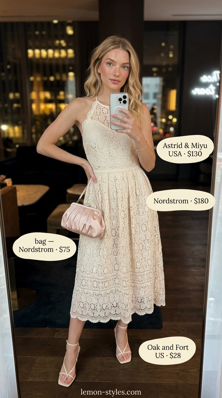 Romantic Dressy Summer Party Outfit 2026 Soft lavender lace midi dress for a dressy summer party outfit for women 2026. Romantic for engagement parties.