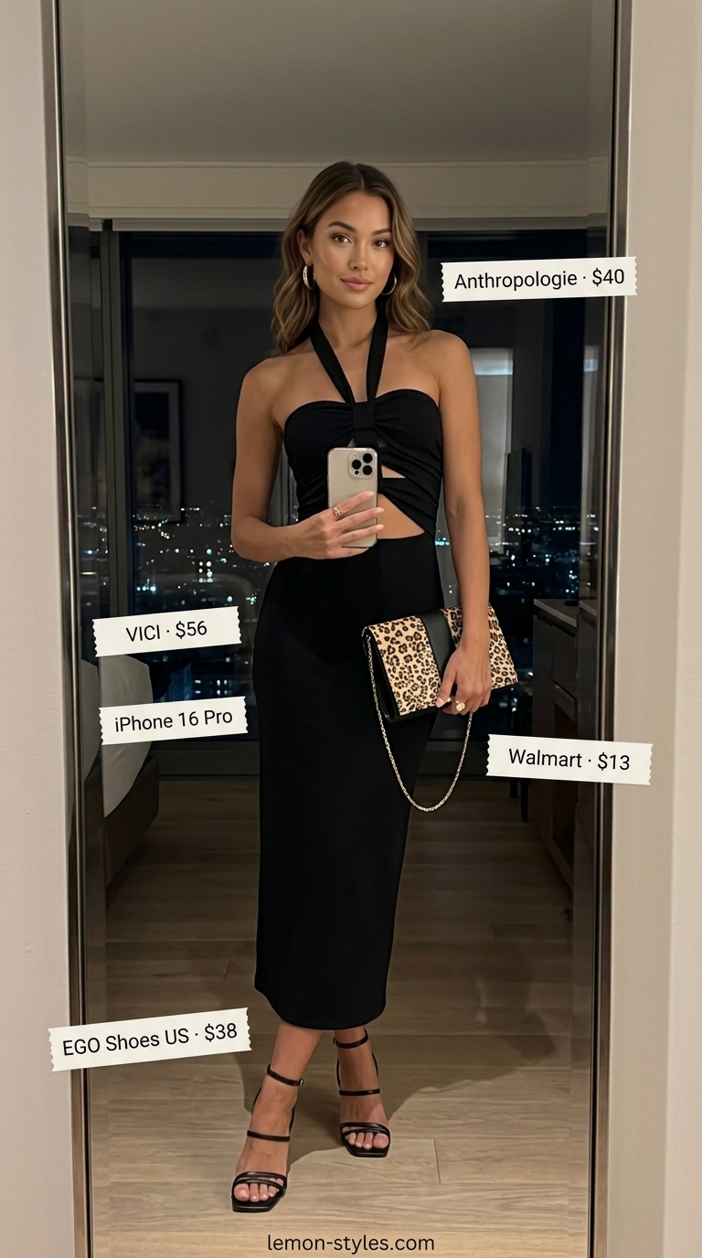 Daring Dressy Summer Party Outfit 2026 Daring dressy summer party outfit for women 2026: Black cut-out maxi dress, gold jewelry & leopard print bag.