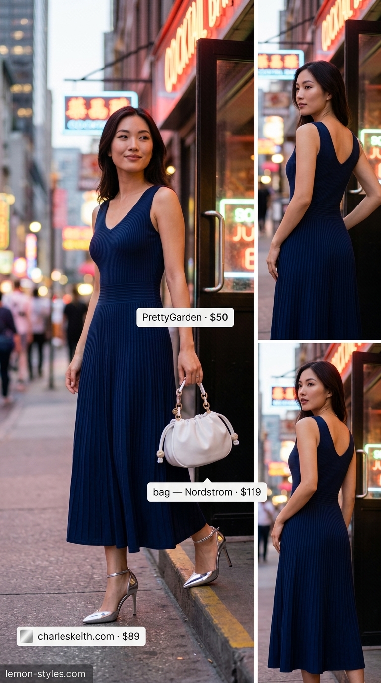 Classic Navy Dressy Summer Party Outfit 2026 Navy blue pleated midi dress with silver and white accessories for a dressy summer party outfit for women 2026.