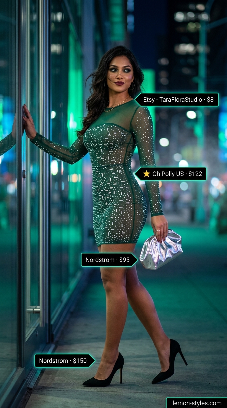 Glamorous Dressy Summer Party Outfit 2026 Glamorous dressy summer party outfit for women 2026: Emerald sequin mini dress, black stilettos & clutch.