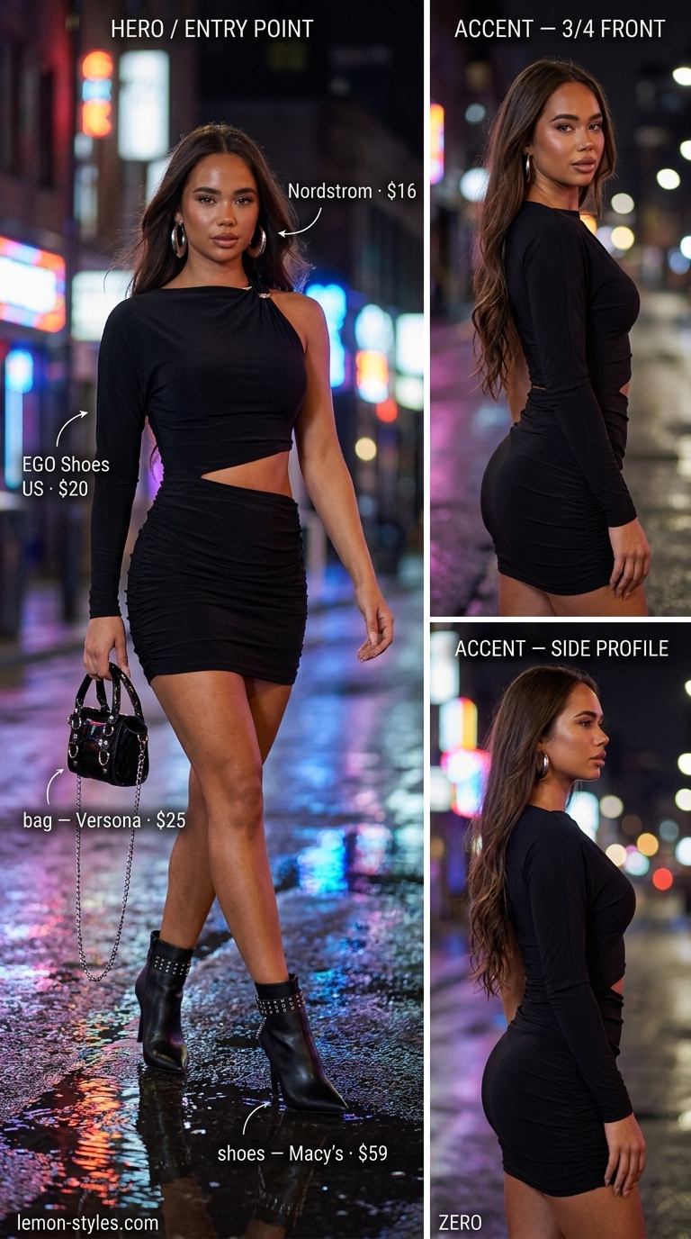 Edgy Night Out Dressy Summer Party Outfit 2026 Black cut-out mini dress with silver and red accents for a dressy summer party outfit for women 2026.