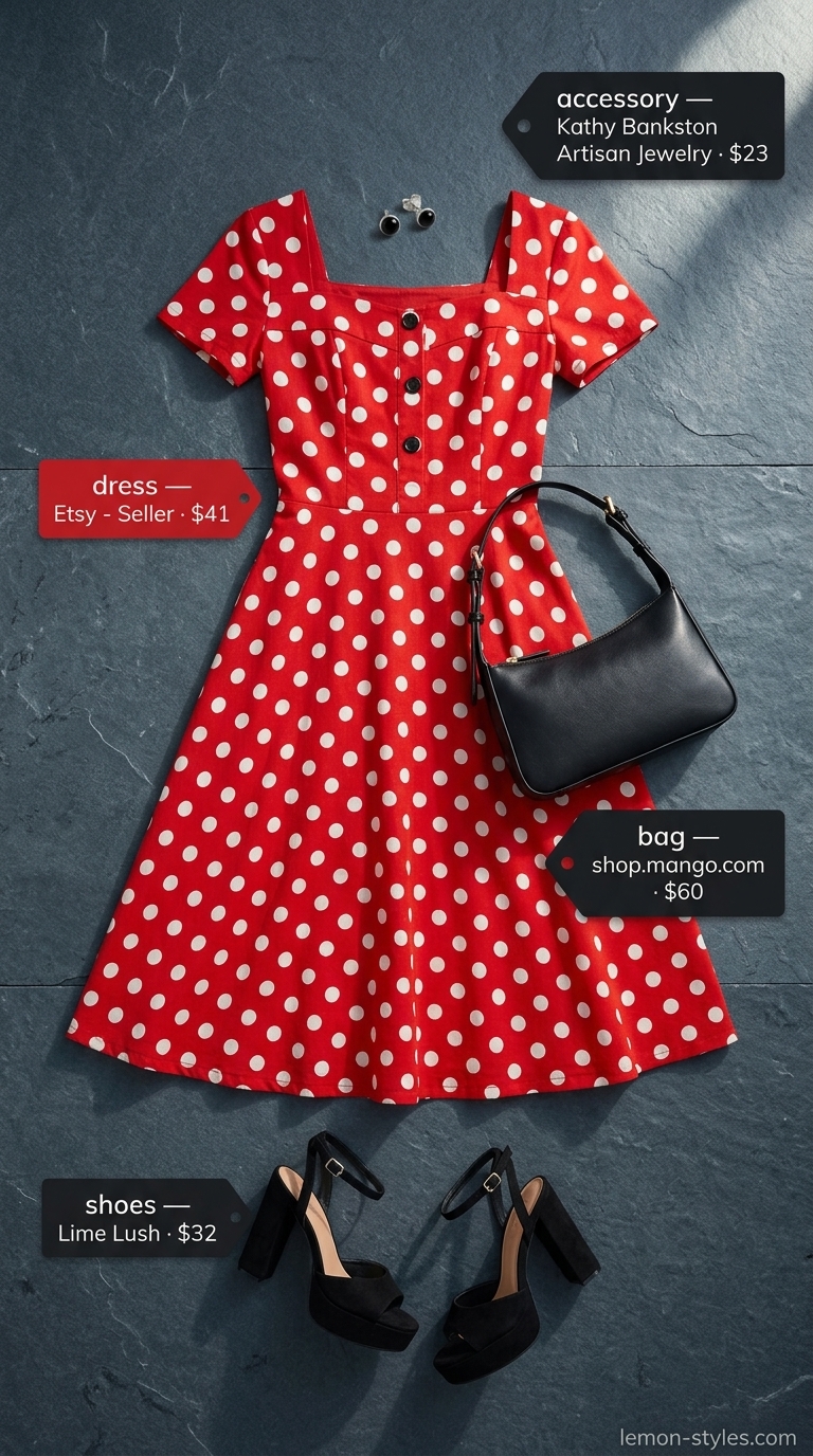 Retro Dressy Summer Party Outfit 2026 Retro dressy summer party outfit for women 2026: Red polka dot midi dress, black heels & shoulder bag.