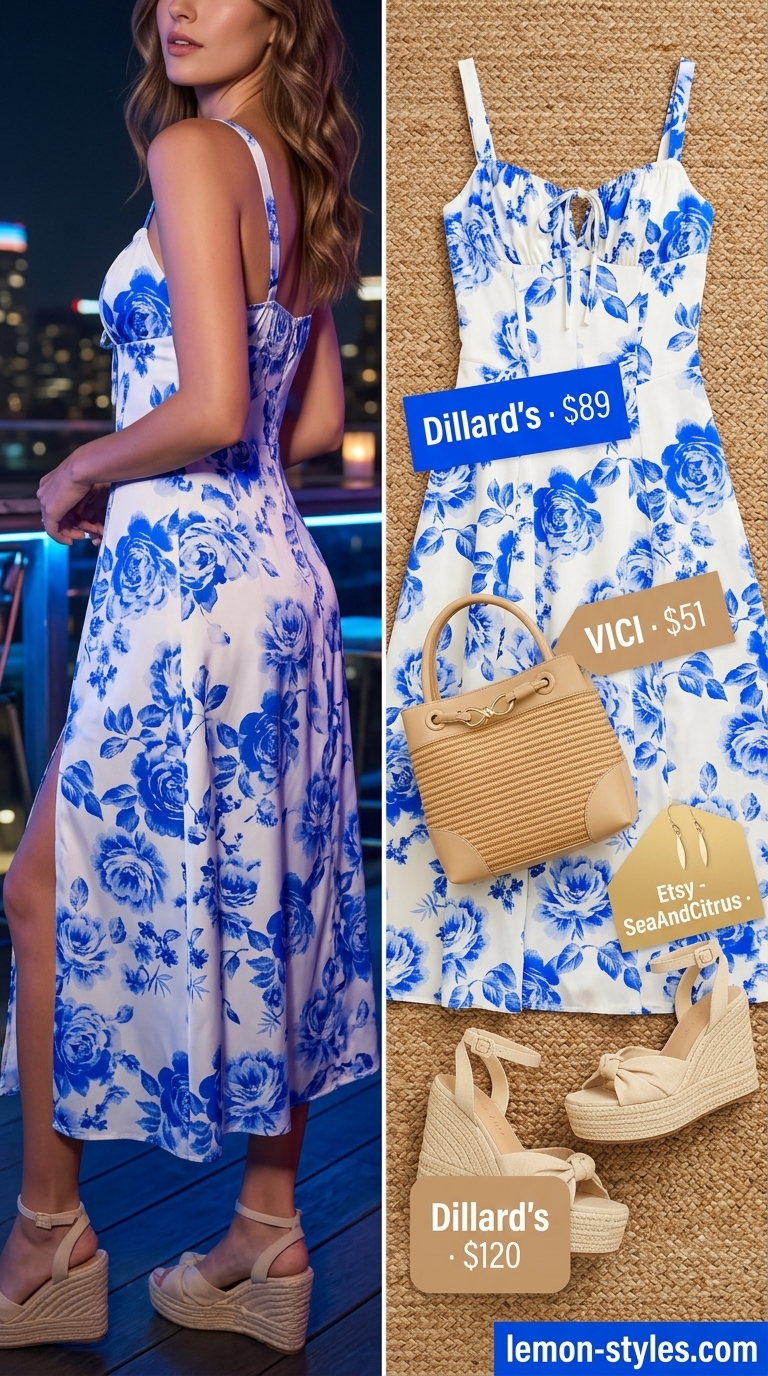 Charming Dressy Summer Party Outfit 2026 Charming dressy summer party outfit for women 2026: White floral midi dress, straw bag & espadrilles.