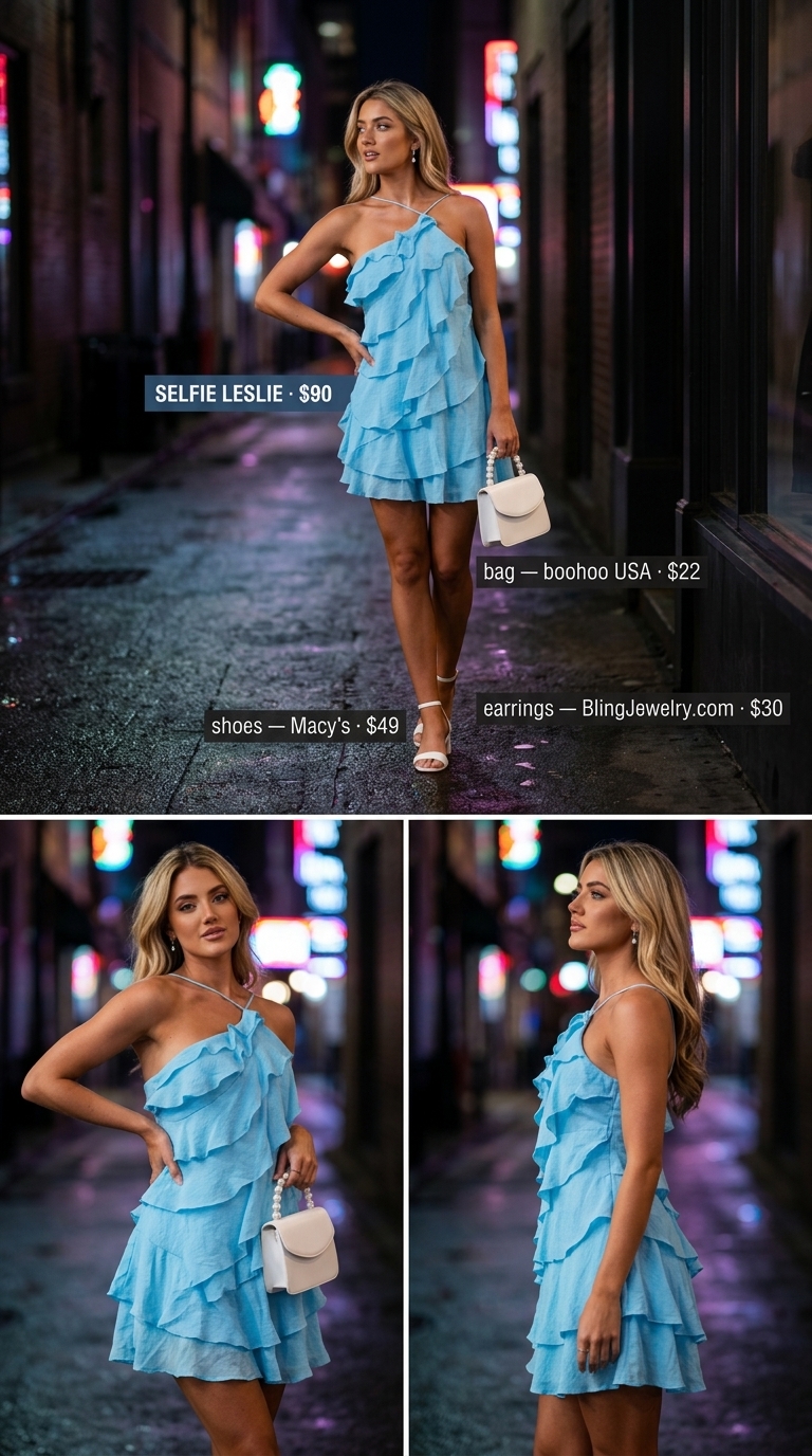 Charming Sky Blue Dressy Summer Party Outfit 2026 Sky blue tiered ruffle mini dress with white accessories for a dressy summer party outfit for women 2026.