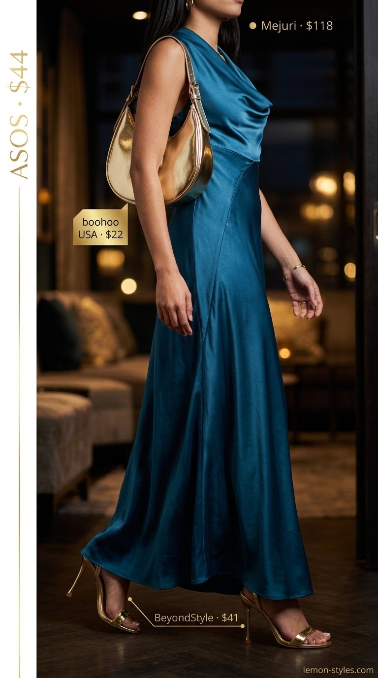 Sophisticated Dressy Summer Party Outfit 2026 Deep teal halter neck maxi dress for a dressy summer party outfit for women 2026. Sophisticated for beach weddings.