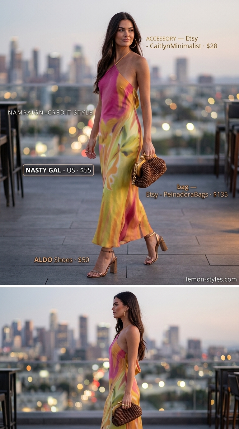 Tropical Luxe Dressy Summer Party Outfit 2026 Vibrant tropical halter maxi dress with bronze accessories for a dressy summer party outfit for women 2026.