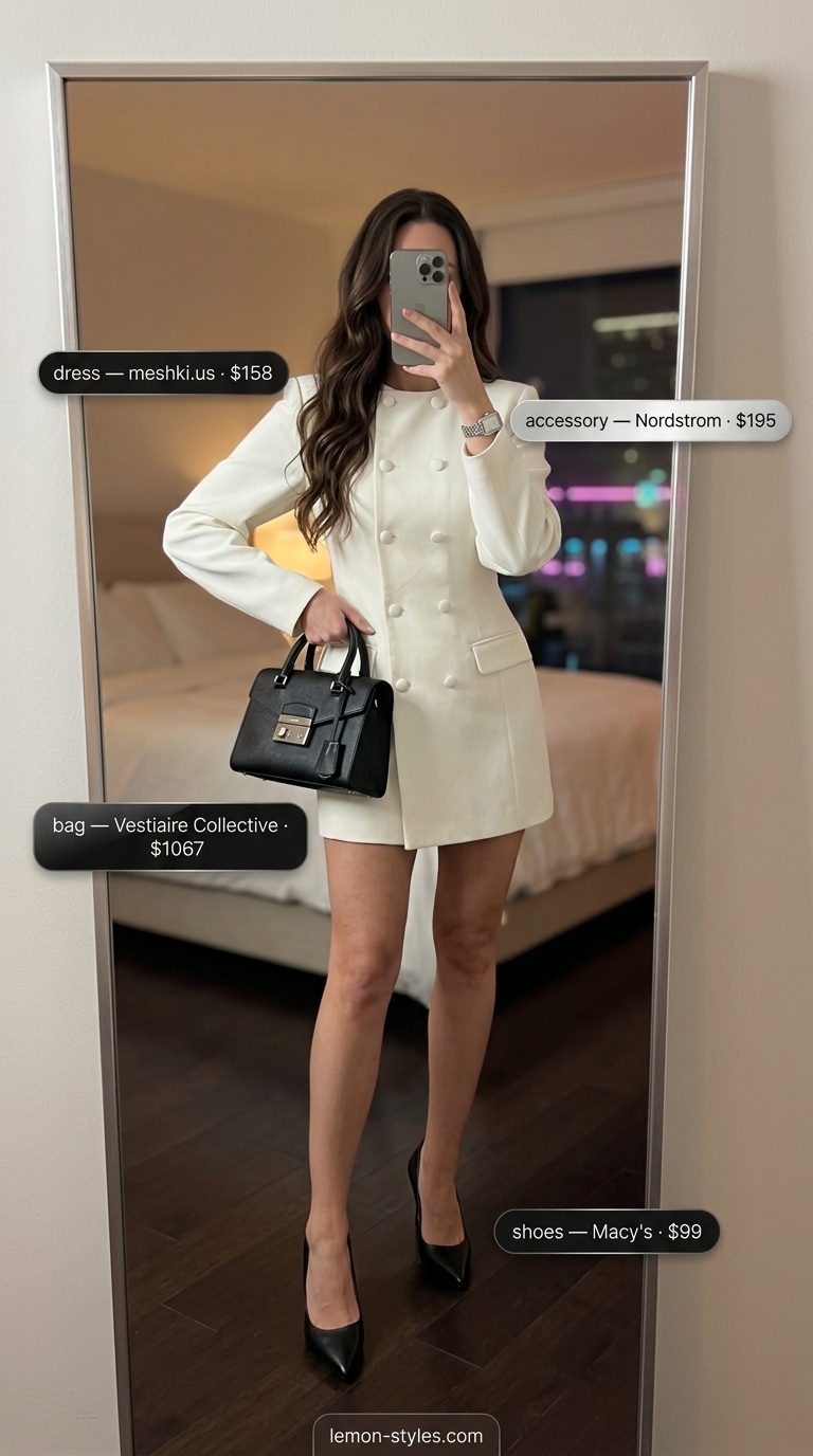 Powerful Dressy Summer Party Outfit 2026 Crisp white blazer mini dress for a dressy summer party outfit for women 2026. Powerful for fashion events.