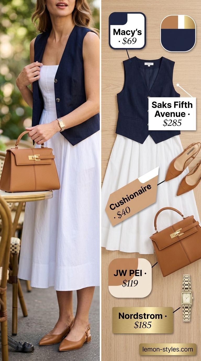 Dressy Summer Sleeveless Tops for Women 2026: Boardroom to Brunch Navy linen vest & white sleeveless dress for dressy summer sleeveless tops for women 2026. Business casual outfit.