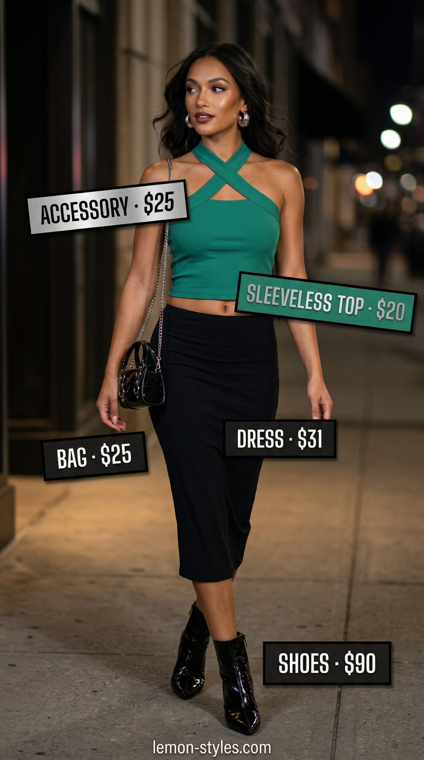 City Nights Glam Look 2026 Emerald halter top & black bodycon dress: dressy summer sleeveless tops for women 2026. Bold night out look.