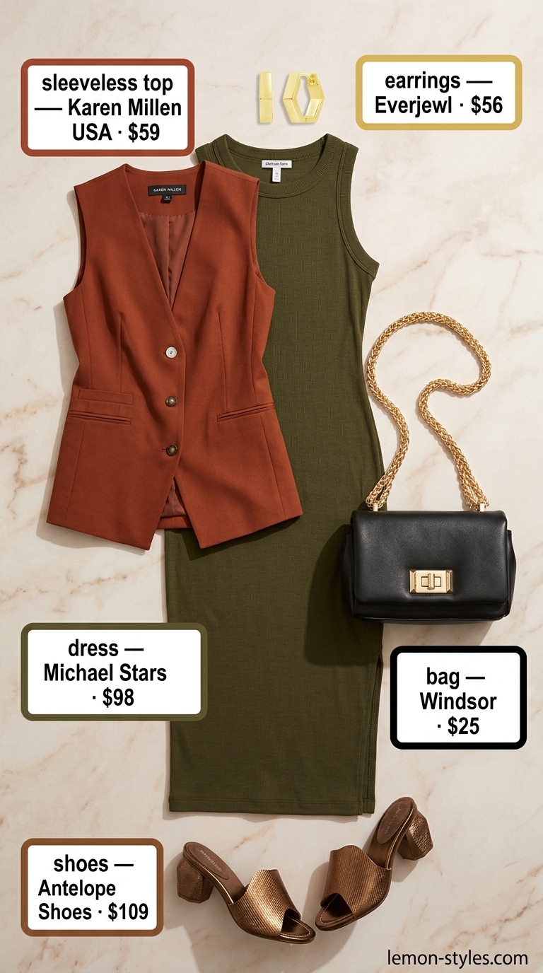 Desert Sunset Power Dressing 2026 Terracotta blazer vest & olive midi dress: dressy summer sleeveless tops for women 2026. Modern professional office outfit.