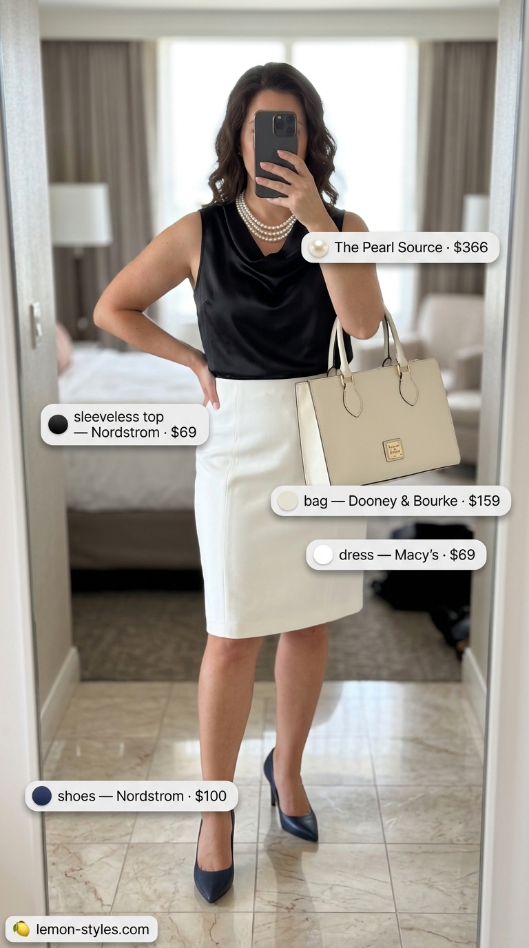 Dressy Summer Sleeveless Tops for Women 2026: Gallery Opening Elegance Navy cowl neck sleeveless blouse & white sheath dress for dressy summer sleeveless tops for women 2026. Gallery opening outfit.