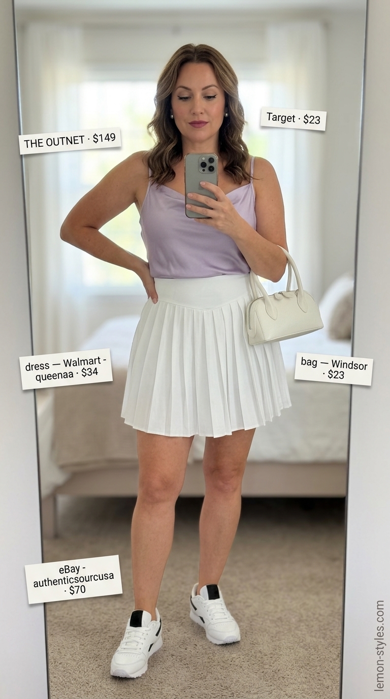 Lavender silk camisole & white sleeveless tennis dress for dressy summer sleeveless tops for women 2026. Lakeside lawn games outfit.