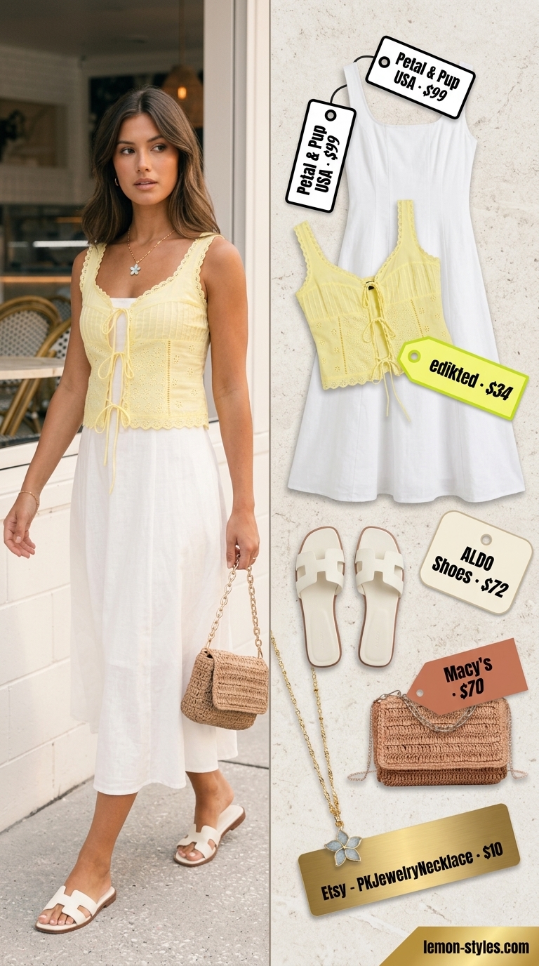 Dressy Summer Sleeveless Tops for Women 2026: Lemon & Mint Garden Delight Lemon yellow eyelet sleeveless blouse & white sundress for dressy summer sleeveless tops for women 2026. Garden party outfit.