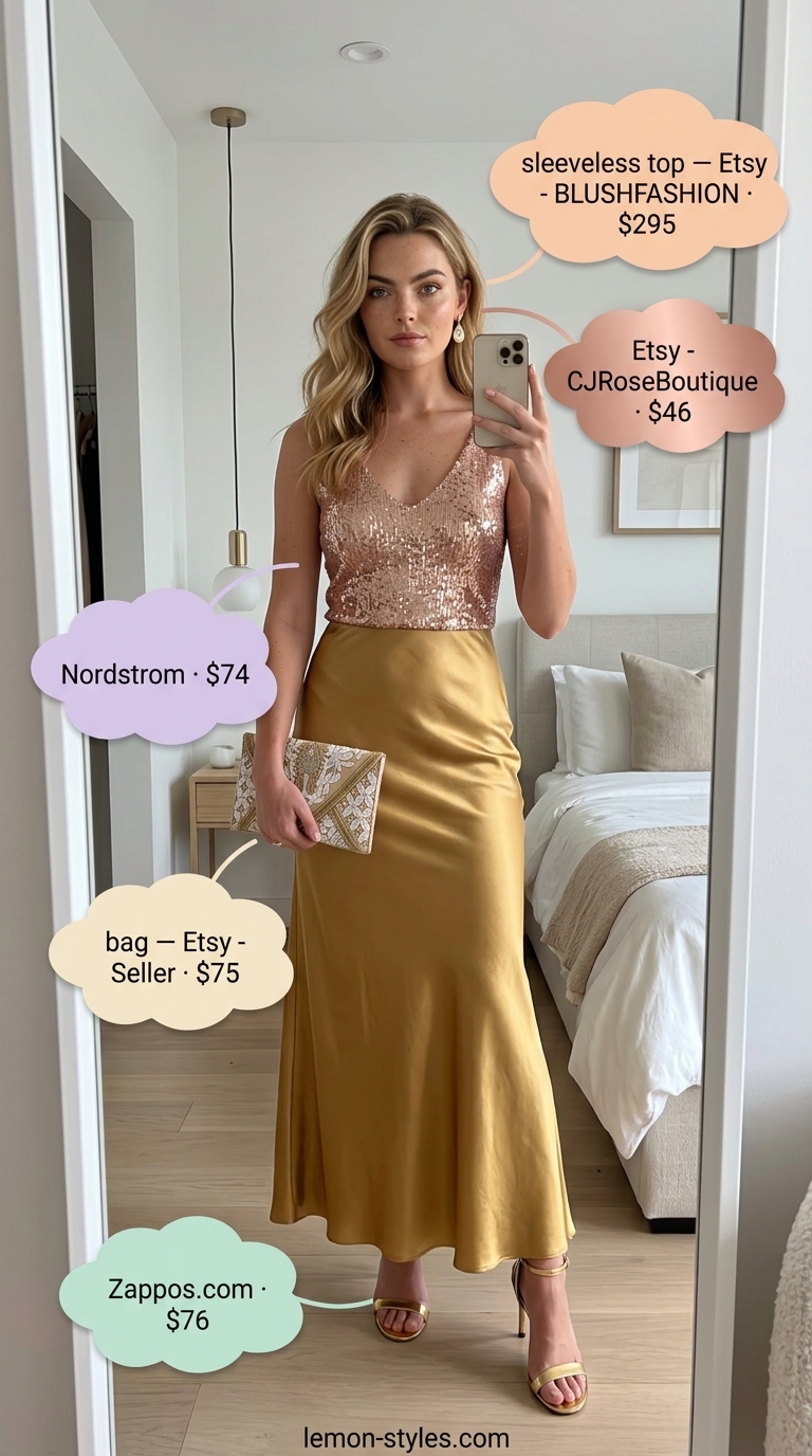 Moonlight Cocktail Hour 2026 Bronze sequin tank & champagne dress: dressy summer sleeveless tops for women 2026. Glamorous cocktail outfit.