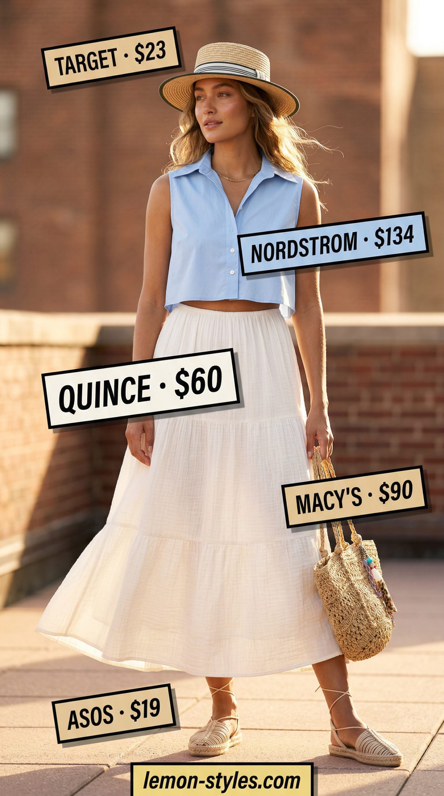 Coastal Retreat Outfit 2026: Sleeveless Shirt & Maxi Coastal Riviera retreat outfit: light blue sleeveless shirt, white maxi dress, raffia accessories. Dressy summer sleeveless tops for women 2026.