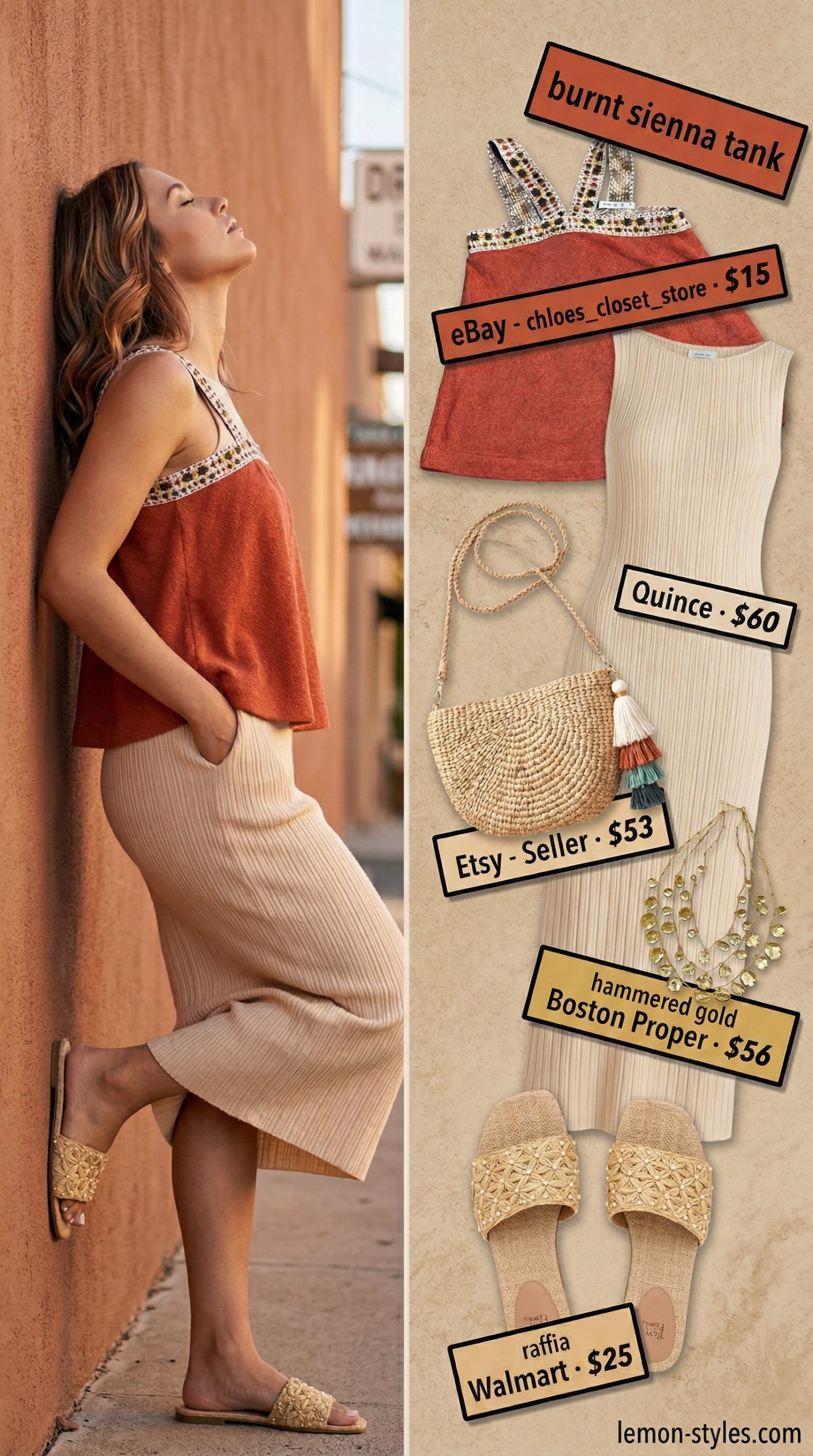 Desert Oasis Outfit 2026: Terracotta Knit Top Desert oasis chic outfit: terracotta knit top, cream midi dress, bronze sandals. Dressy summer sleeveless tops for women 2026.