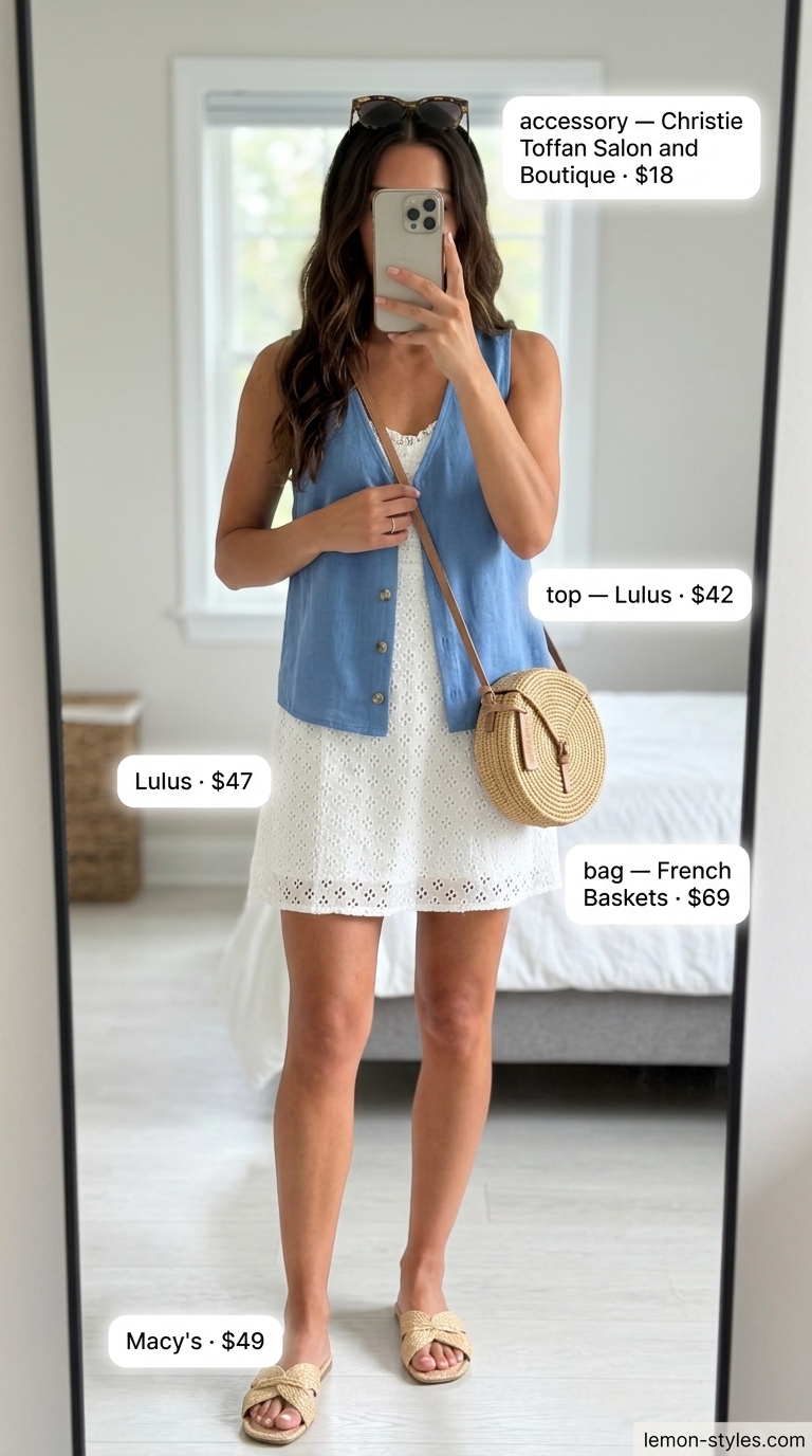 Seaside Lunch Outfit 2026: Sleeveless Shirt & Eyelet Dress Seaside chic lunch outfit: sky blue sleeveless shirt, white eyelet mini dress, raffia bag. Dressy summer sleeveless tops for women 2026.