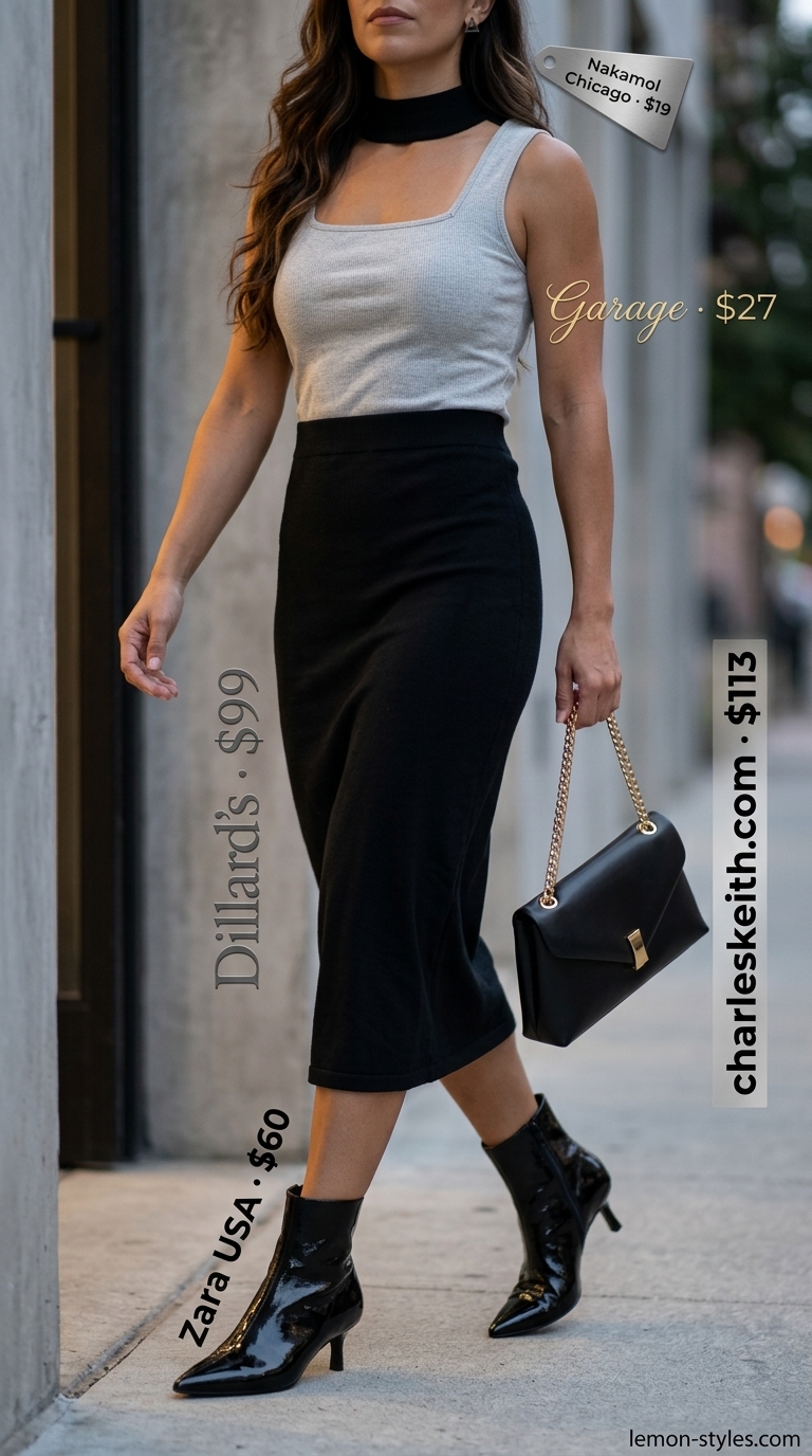 Urban Edge Outfit 2026: Ribbed Knit Tank Dress Urban edge evening outfit: charcoal gray tank, black midi dress, ankle boots. Dressy summer sleeveless tops for women 2026.