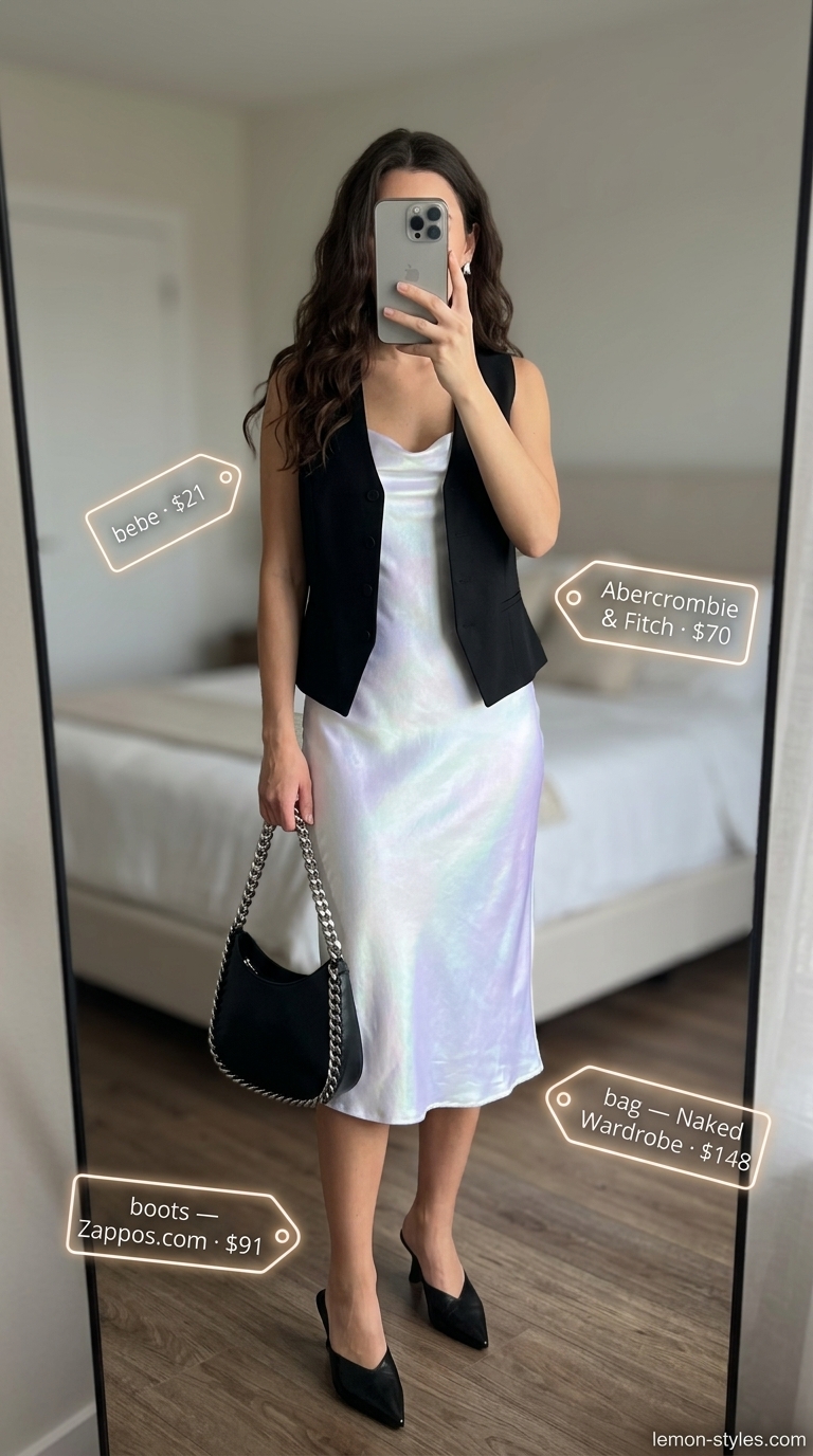 Urban Soiree Outfit 2026: Sleeveless Vest & Slip Dress Urban sunset soiree outfit: black vest, off-white satin slip dress, silver jewelry. Dressy summer sleeveless tops for women 2026.
