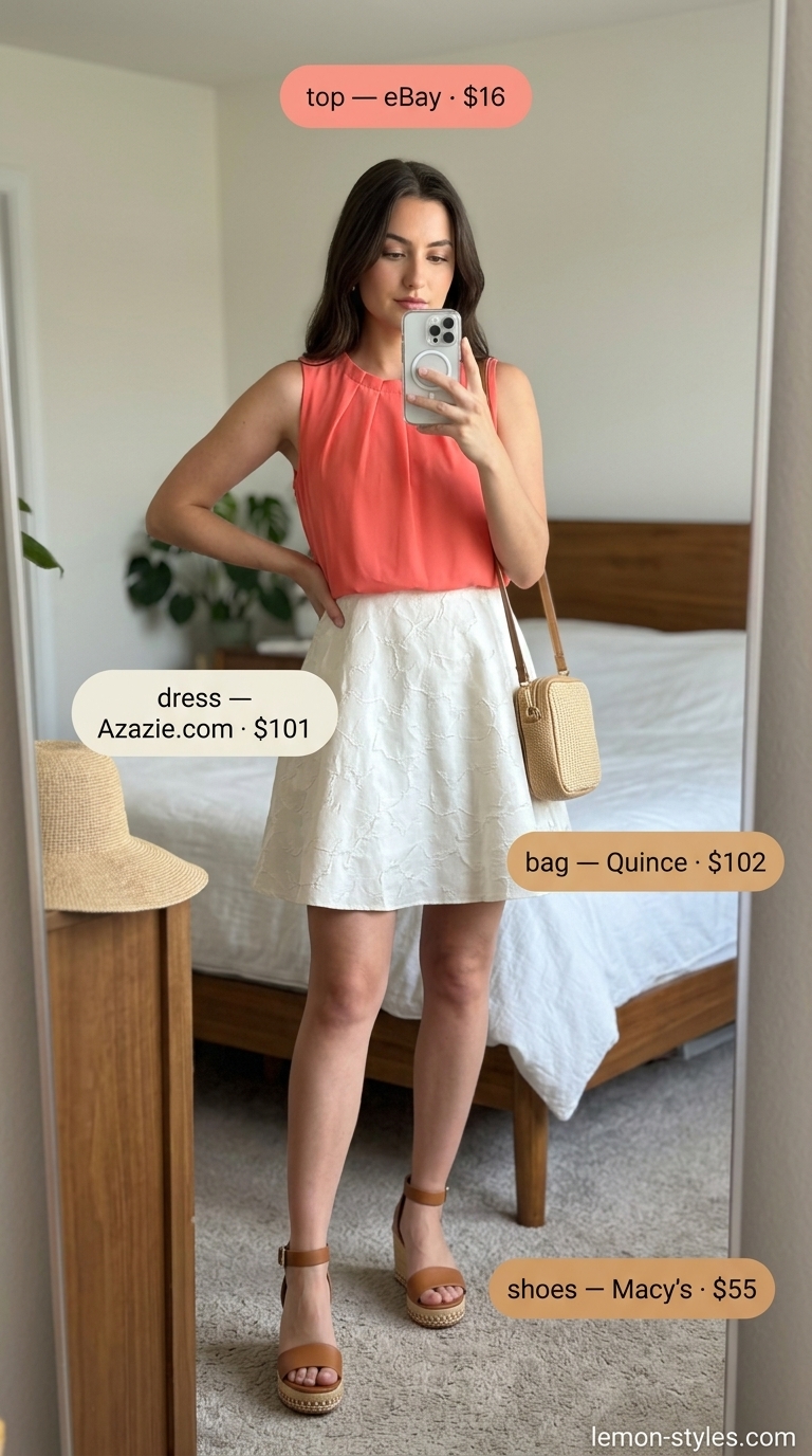 Brunch Outfit 2026: Coral Sleeveless Blouse Vibrant brunch pop outfit: coral sleeveless blouse, ivory mini dress, espadrilles. Dressy summer sleeveless tops for women 2026.