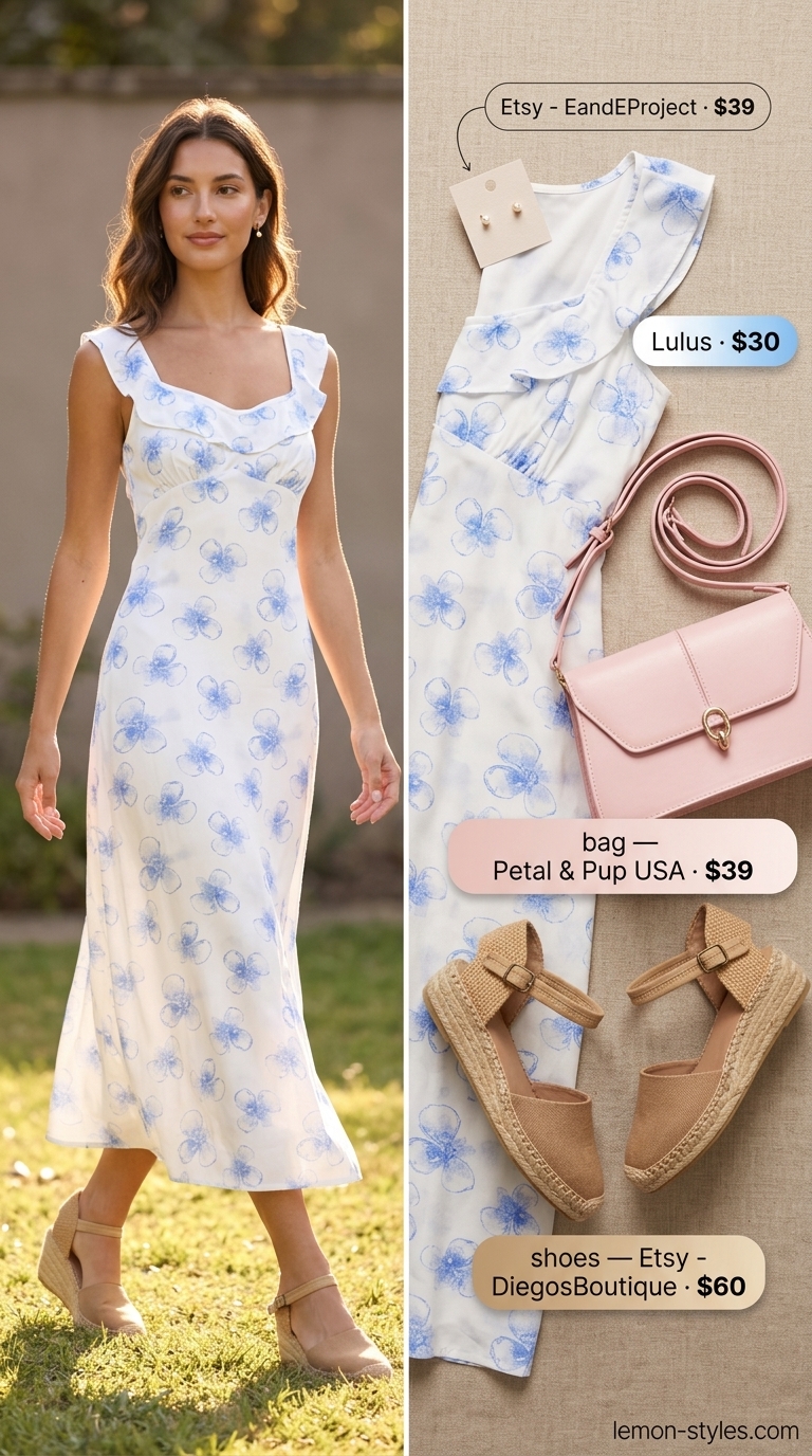 Easy Comfy Summer Outfits for Women 2026: Floral Dress Easy comfy summer outfits for women 2026: Floral midi dress, espadrilles, blush bag, and pearl stud earrings.