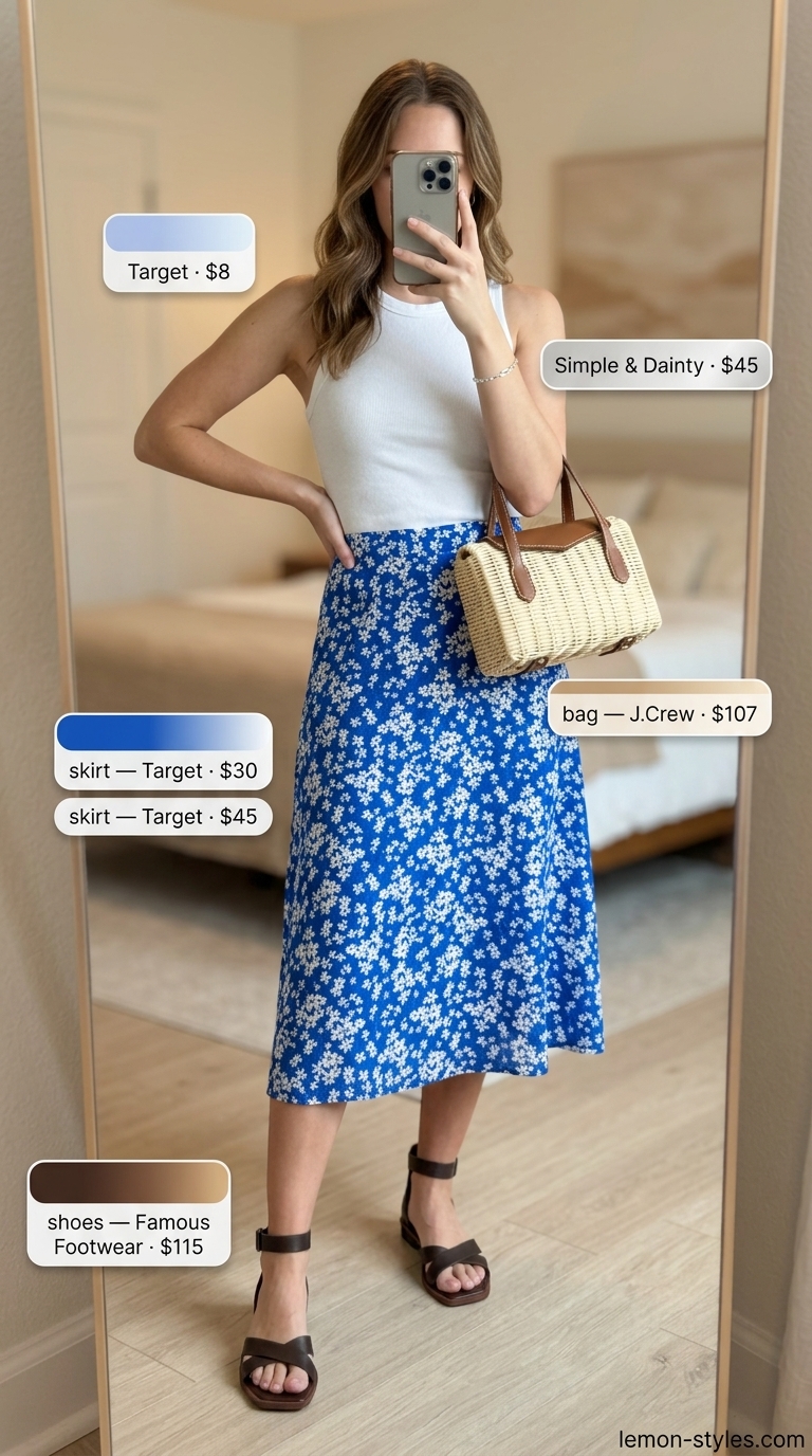 Easy Comfy Summer Outfits for Women 2026: Midi Skirt Easy comfy summer outfits for women 2026: Blue floral midi skirt, white tank, brown sandals, and wicker basket bag.
