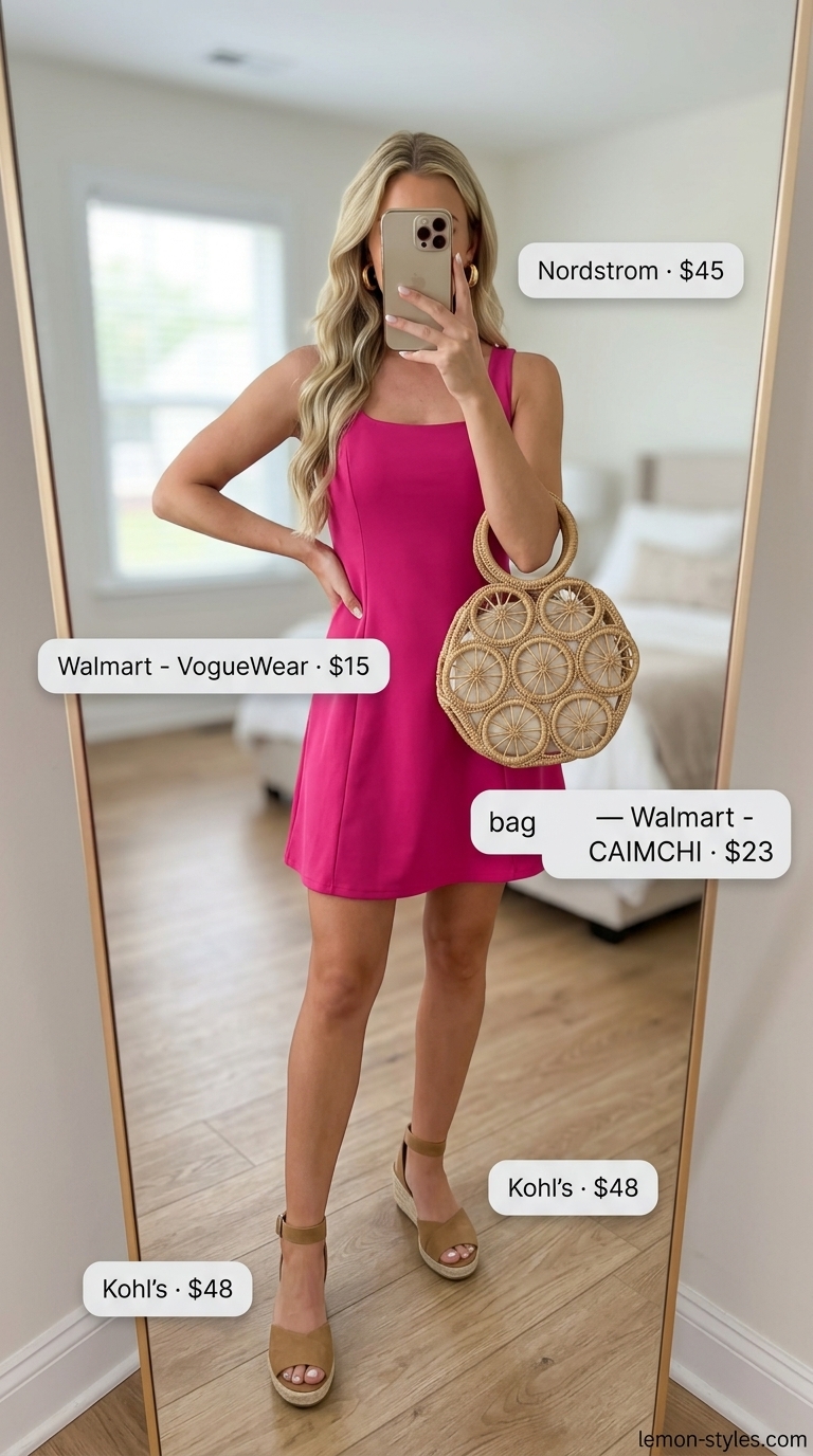 Easy Comfy Summer Outfits for Women 2026: Sundress Easy comfy summer outfits for women 2026: Hot pink mini sundress, straw tote, wedge espadrilles, and gold hoops.