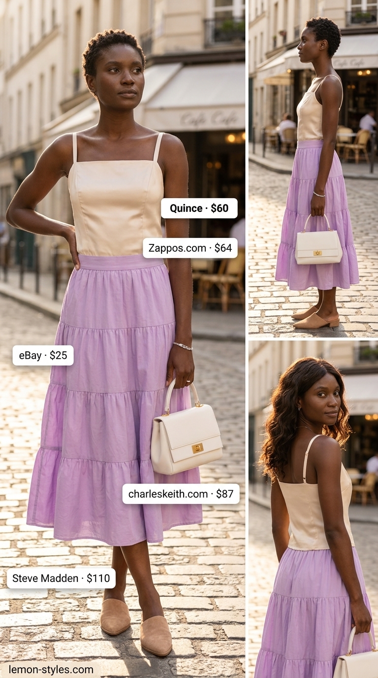 Easy Comfy Summer Outfits for Women 2026: Midi Skirt Easy comfy summer outfits for women 2026: Lavender midi skirt, white camisole, nude mules, and structured bag for events.