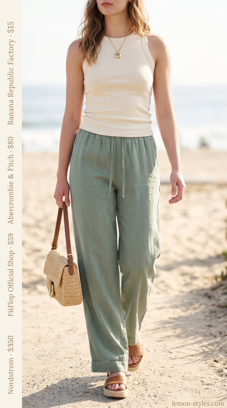 Easy Comfy Summer Outfits for Women 2026: Linen Pants Easy comfy summer outfits for women 2026: Sage green linen pants, cream tank, espadrilles, straw bag, and gold necklace.
