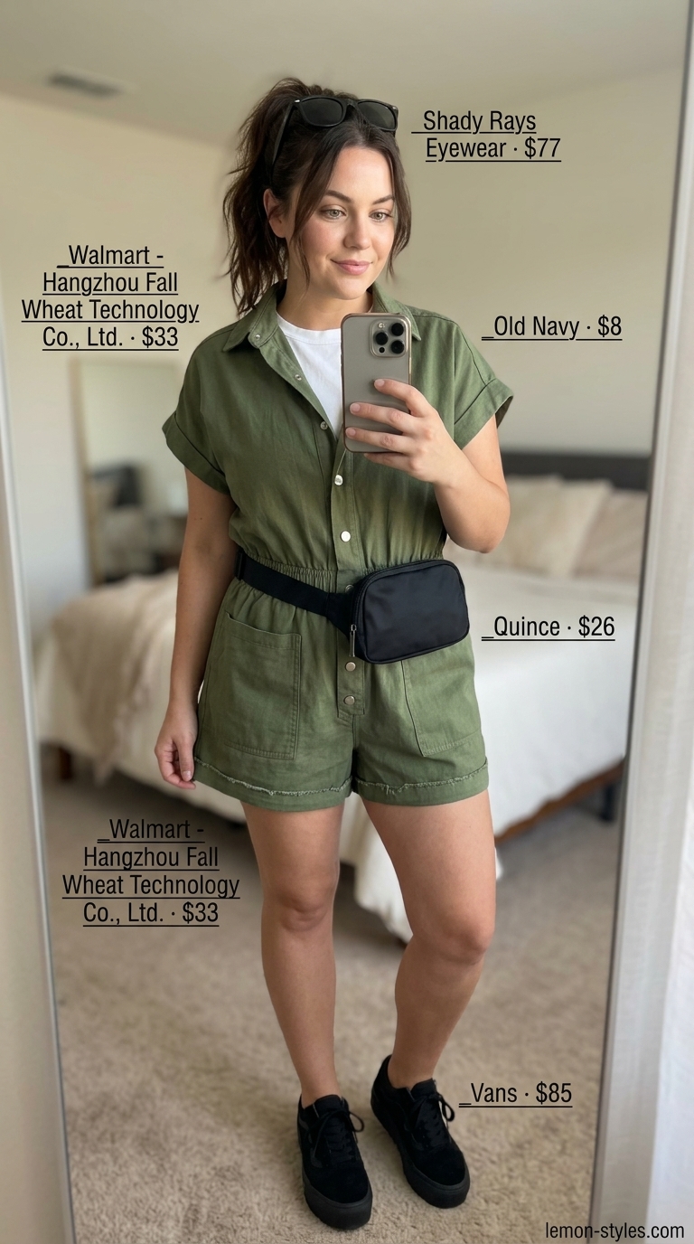 Easy Comfy Summer Outfits for Women 2026: Romper Easy comfy summer outfits for women 2026: Olive green romper, white tee, black sneakers, belt bag, and sunglasses.