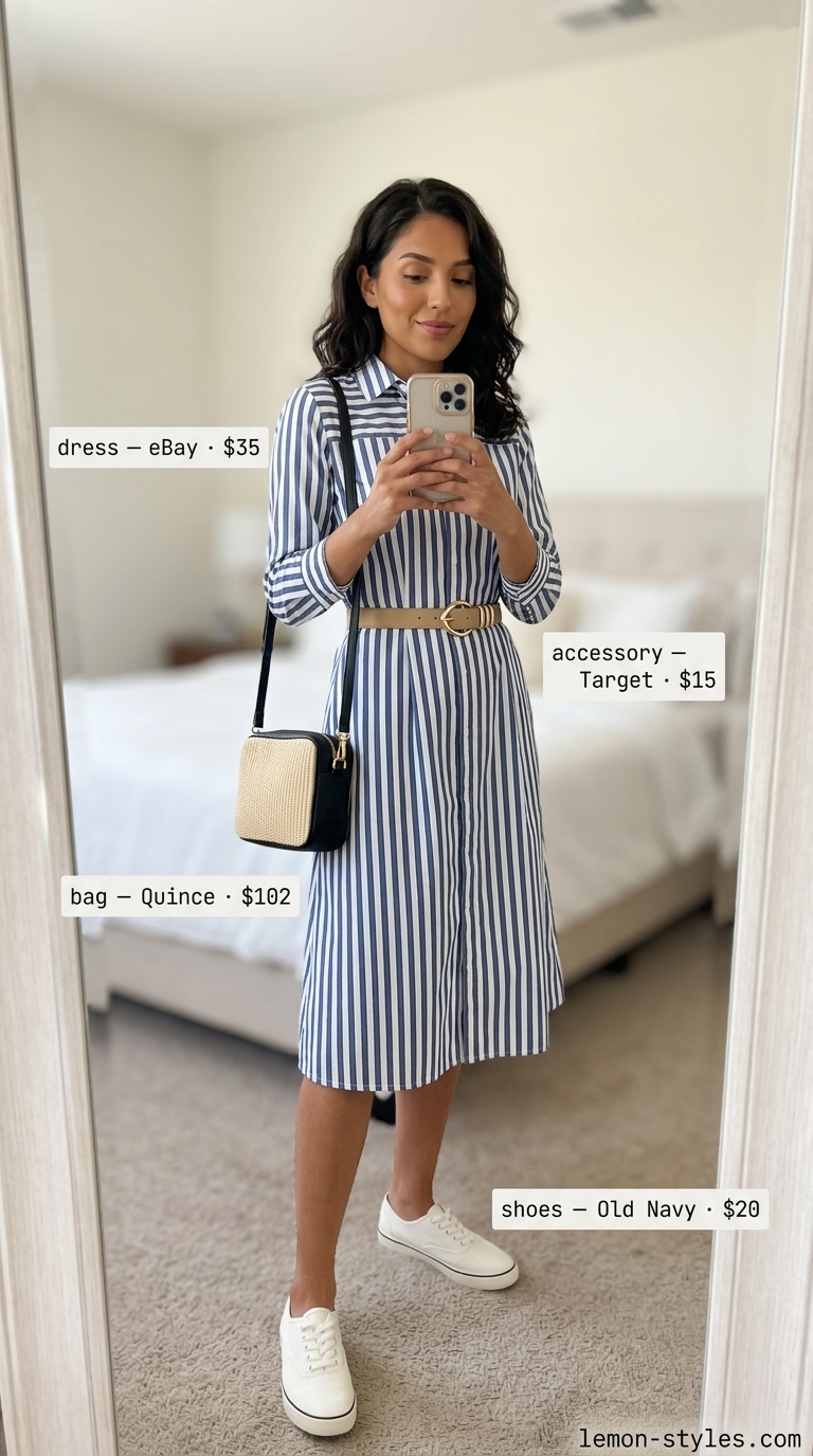 Easy Comfy Summer Outfits for Women 2026: Shirt Dress Easy comfy summer outfits for women 2026: Striped shirt dress, belt, sneakers, and straw crossbody bag for casual days.
