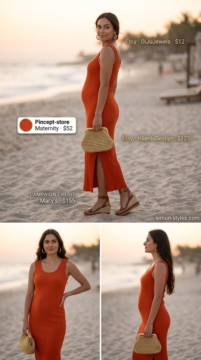 Easy Comfy Summer Outfits for Women 2026: Knit Dress Easy comfy summer outfits for women 2026: Terracotta knit maxi dress, heeled espadrilles, gold hoops, and straw clutch.