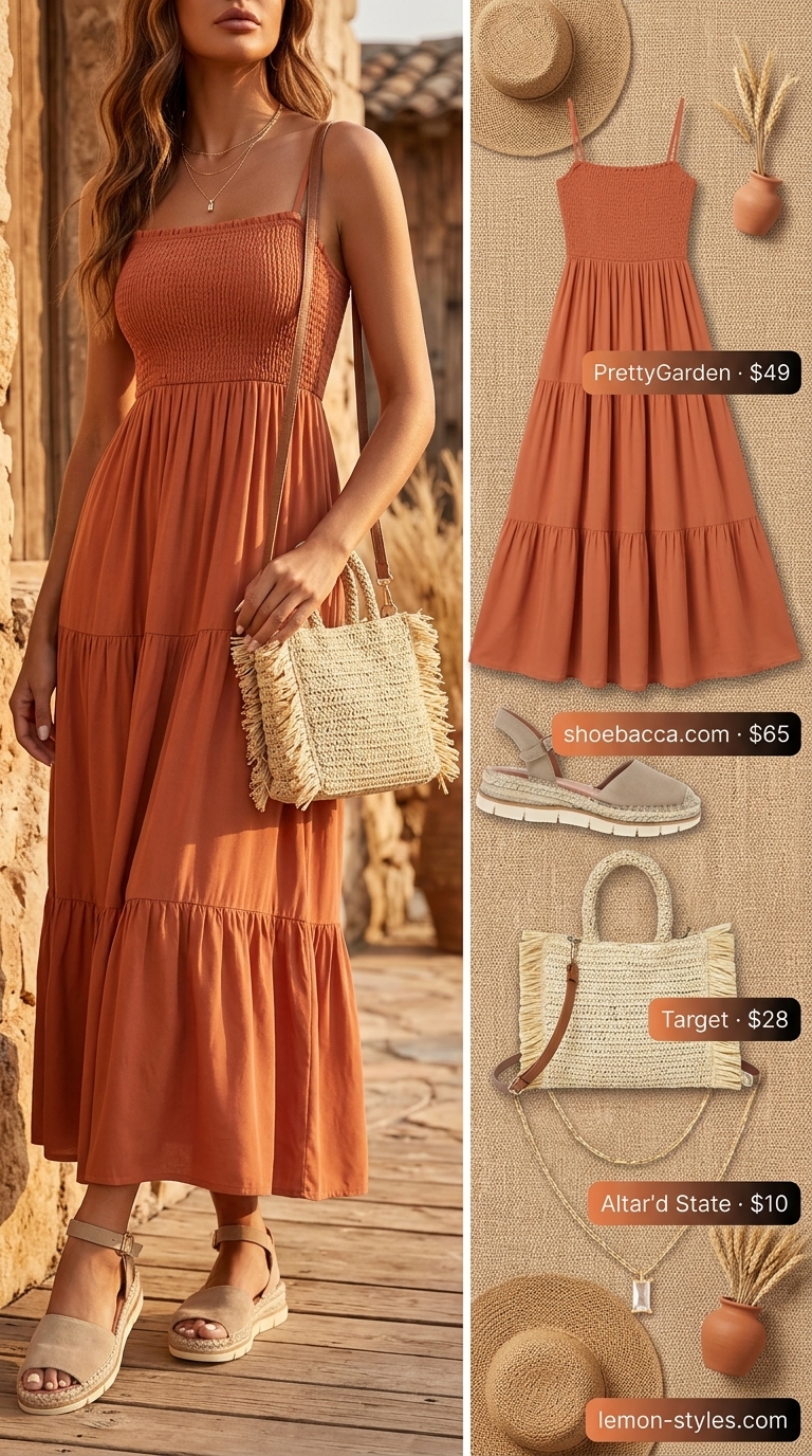Easy Comfy Summer Outfits for Women 2026: Maxi Dress Easy comfy summer outfits for women 2026: Terracotta maxi dress, gold necklaces, espadrilles, and straw bag for vacation.