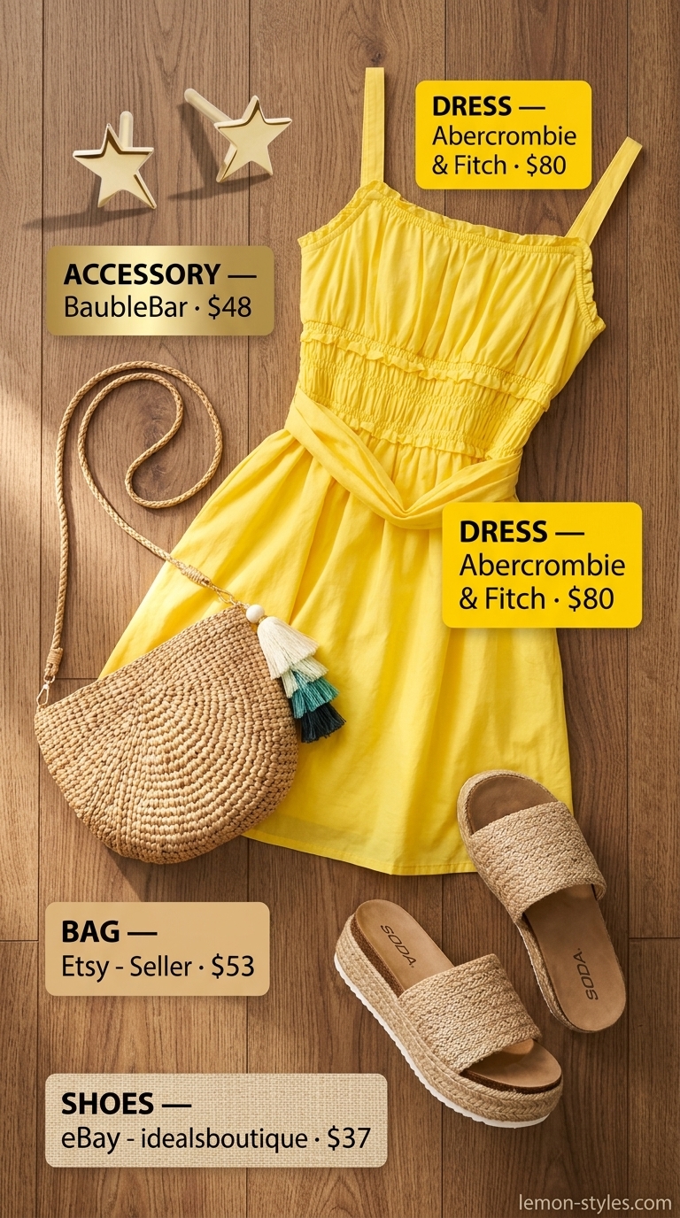 Easy Comfy Summer Outfits for Women 2026: Yellow Sundress Easy comfy summer outfits for women 2026: Yellow mini sundress, straw hat, crossbody bag, espadrilles, and gold studs.