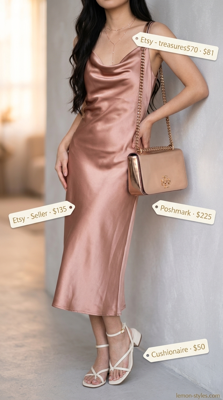 Easy Comfy Summer Outfits for Women 2026: Blush Slip Dress Easy comfy summer outfits for women 2026: Blush slip dress, rose gold accessories, ivory sandals & metallic bag for date night.