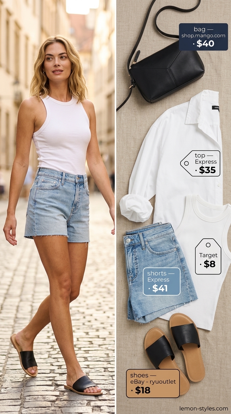 Easy Comfy Summer Outfits for Women 2026: City Chic Easy comfy summer outfits for women 2026: White tank, oversized shirt, denim shorts, black sandals & crossbody bag for city stroll.