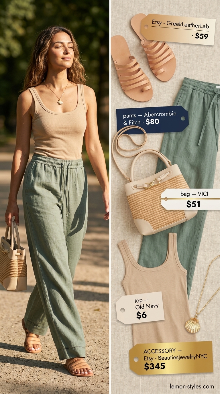 Coastal Brunch Outfits for Women 2026 Easy comfy summer outfits for women 2026: Sage green linen pants, cream tank, and tan slides for a coastal brunch look.