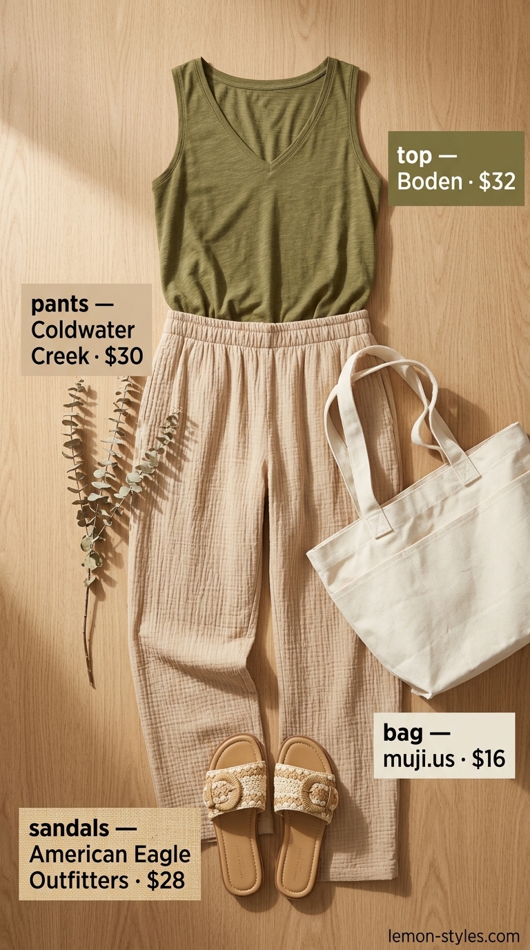 Lounge Pants Outfits for Women 2026 Easy comfy summer outfits for women 2026: Cream gauze pants, olive tank, and raffia sandals for relaxed lounge wear.