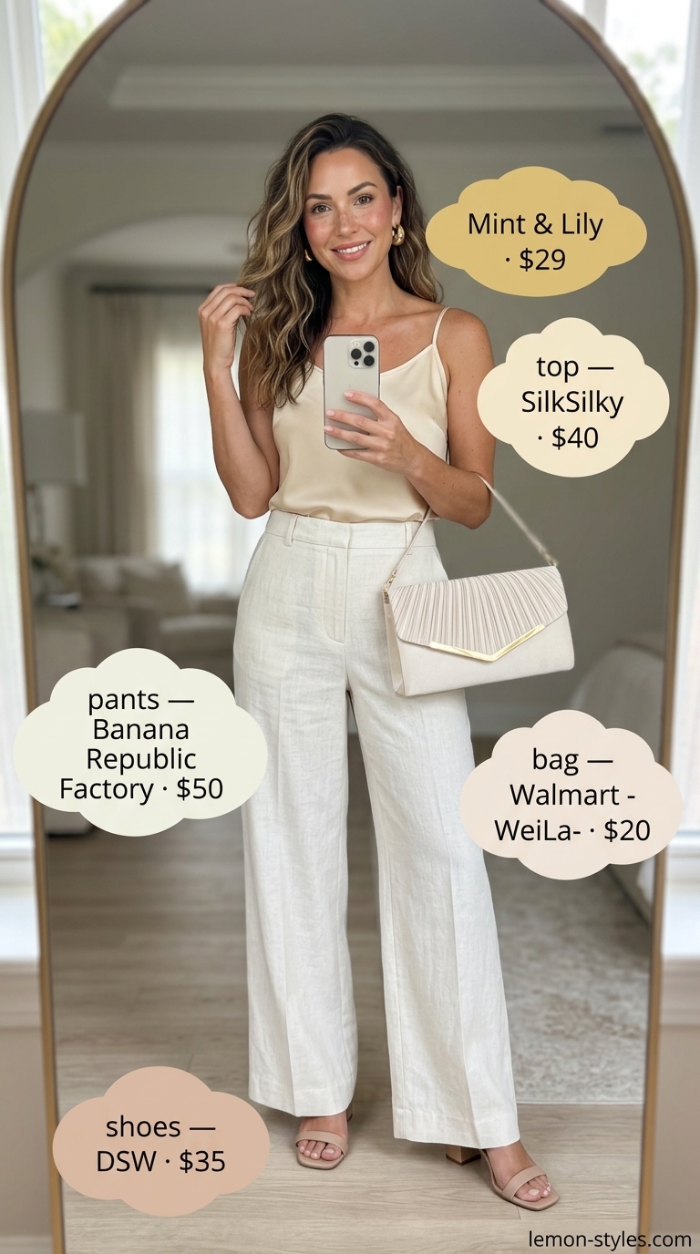 Resort Pants Outfits for Women 2026 Easy comfy summer outfits for women 2026: Ivory linen pants, champagne cami, and beige clutch for resort dinner.