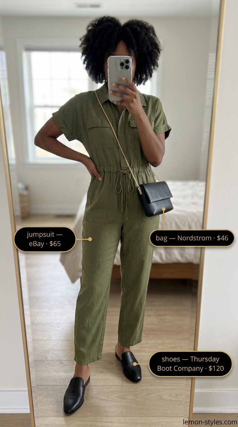 Effortless Jumpsuit Outfits for Women 2026 Easy comfy summer outfits for women 2026: Khaki utility jumpsuit, black mules, and crossbody bag for a modern look.