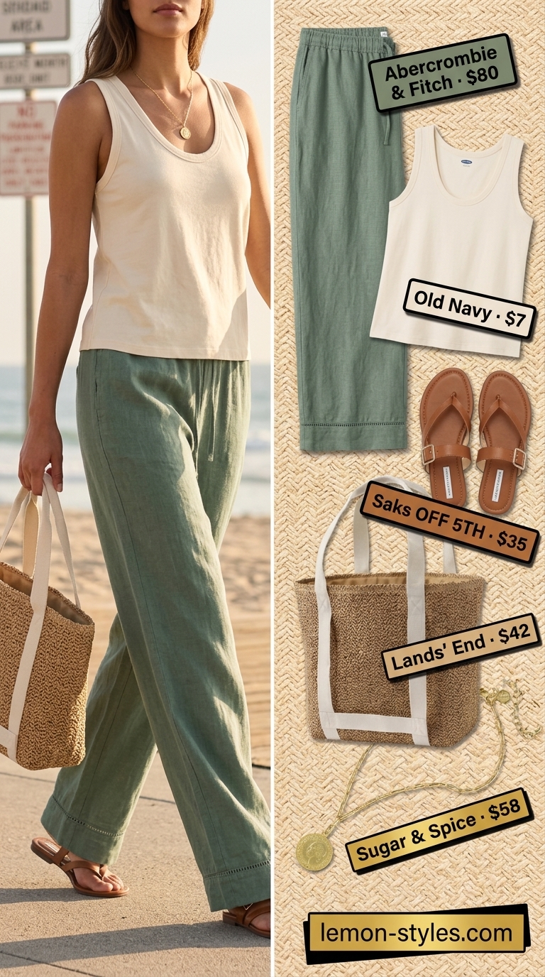 Easy Comfy Summer Outfits for Women 2026: Linen Pants Easy comfy summer outfits for women 2026: Sage green linen pants, cream tank, straw tote, leather slides & gold necklace for coastal vibes.