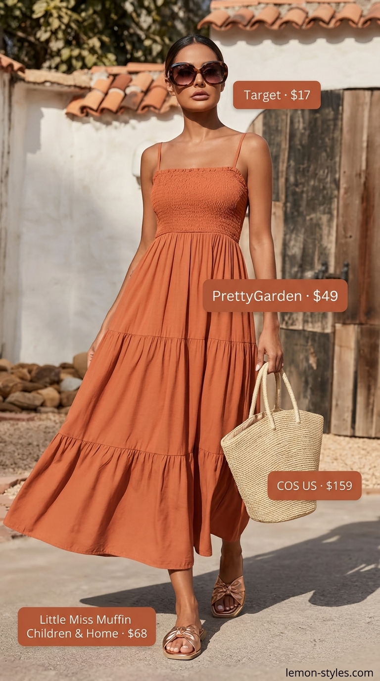 Maxi Dress Outfits for Women 2026 Easy comfy summer outfits for women 2026: Terracotta maxi dress, bronze sandals, and raffia tote for resort wear.