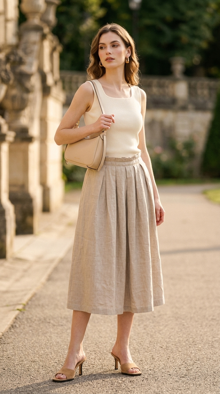 Easy Comfy Summer Outfits for Women 2026: Monochrome Skirt Easy comfy summer outfits for women 2026: Beige midi skirt, ribbed tank, heeled mules, structured bag & gold hoops for sophisticated style.