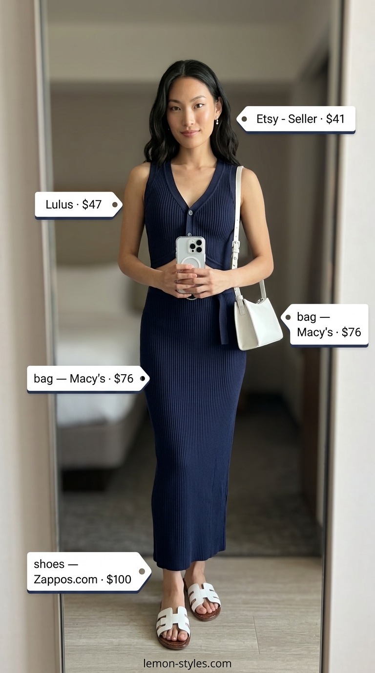 Knit Set Outfits for Women 2026 Easy comfy summer outfits for women 2026: Navy knit set, white slides, and silver bag for a sophisticated casual look.