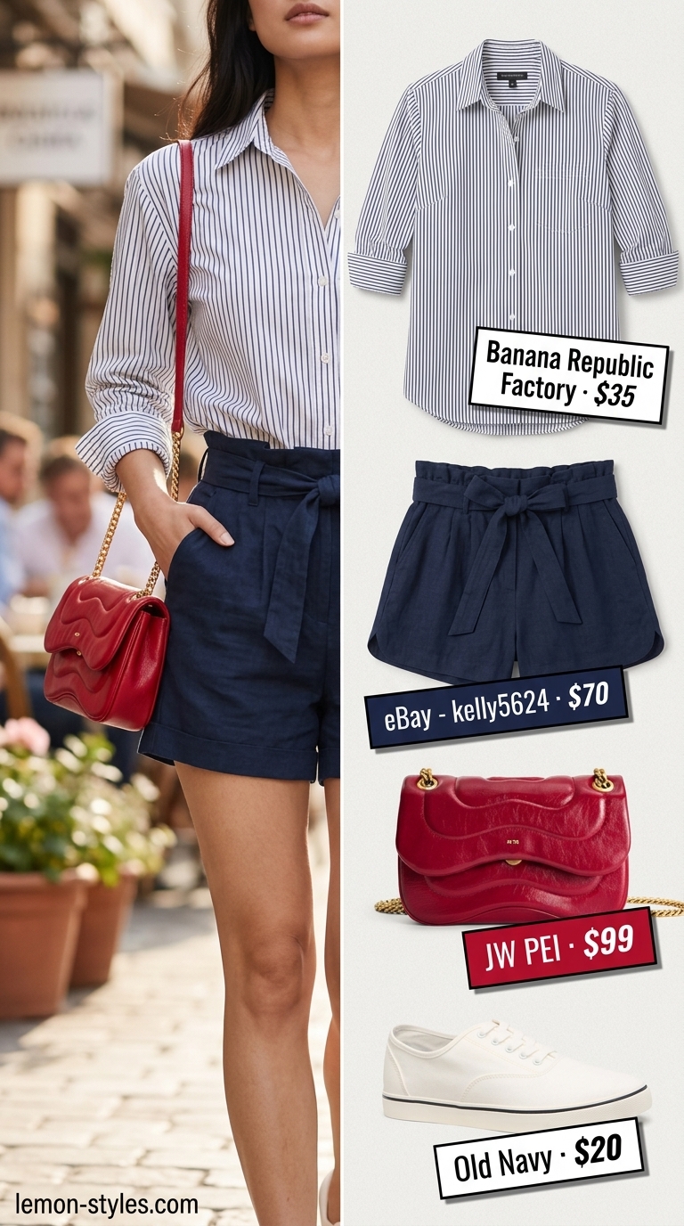 Easy Comfy Summer Outfits for Women 2026: Riviera Shorts Easy comfy summer outfits for women 2026: Navy paperbag shorts, striped button-down, red bag & white sneakers for a preppy look.
