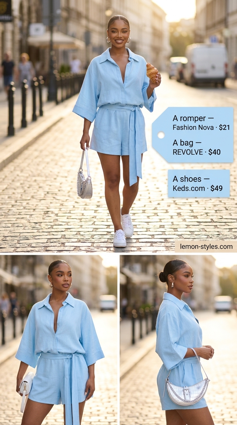 Easy comfy summer outfits for women 2026: Sky blue romper, white sneakers, and silver bag for a playful daytime look.
