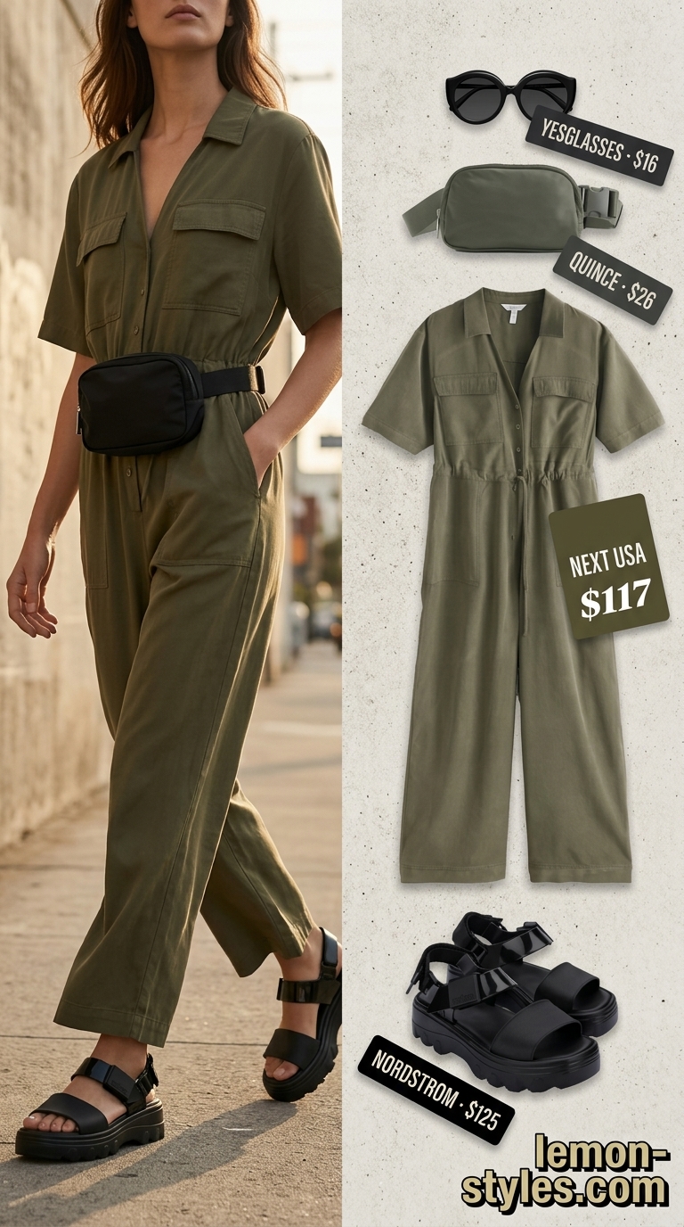 Easy Comfy Summer Outfits for Women 2026: Utility Jumpsuit Easy comfy summer outfits for women 2026: Khaki utility jumpsuit, chunky sandals, belt bag & sunglasses for urban chic.